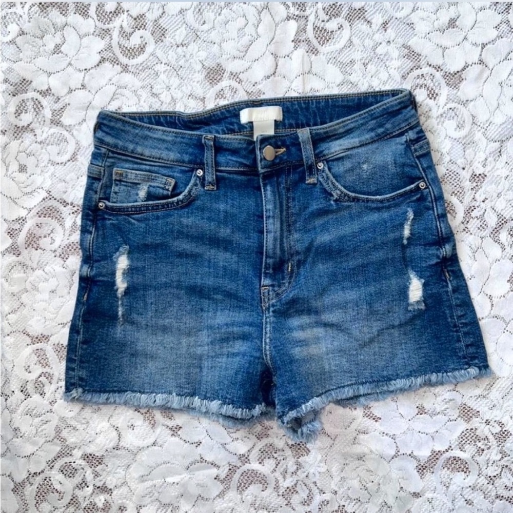 Y2K H&M Summer Dark Wash Distressed Frayed Edge Denim Shorts